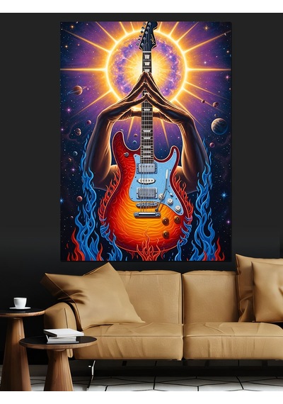 Ahşap Tablo Gitar Ve Parlayan Işıklar İnsan Figürlü Tablolar