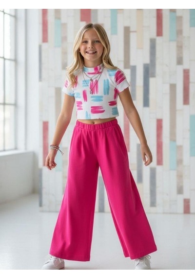 Zekids Kız Çocuk Bol Paça Rahat Kesim Pantolon-16900 Pembe
