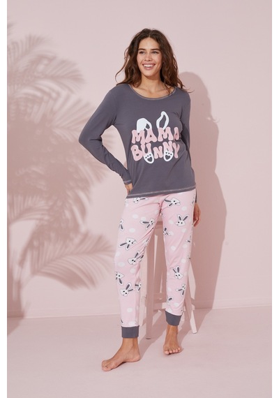 Siyah İnci Pamuklu Örme Pijama Takım 24241089 Gri