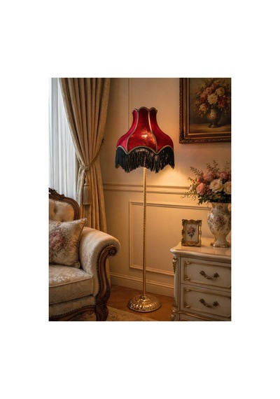 Bordo Füme Saçak Kumaş Kaplama Başlık Metal Ayaklı Klasik Şık Lambader 165x40cm