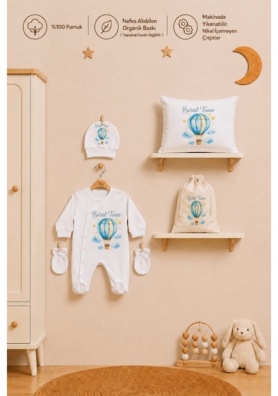 Pia Baby İsme Özel Erkek Bebek %100 Pamuk Hastane Çıkışı Tulum Şapka Eldiven Kıyafet Keseli Hediye Seti 1027tybk0x Krem