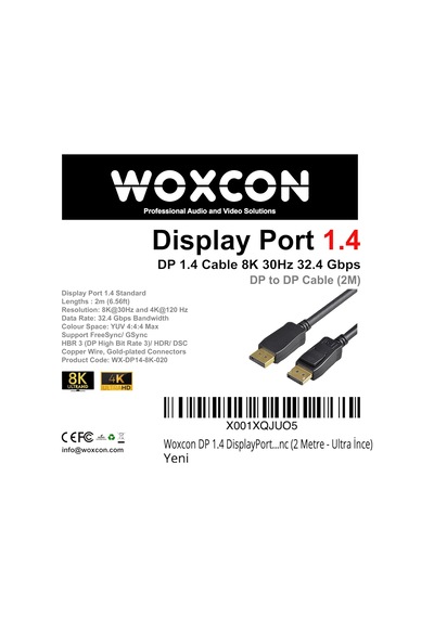 Dp 1.4 Displayport Kablo 32.40 Gbps Bandwith Hbr3 8k 30hz, 4k 120hz, 4k 60hz, 2k 240hz, 2k 165h Standart