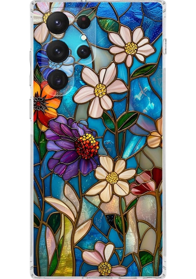 Printify Samsung Galaxy S22 Ultra İle Uyumlu Vitray Mavi Bahar Tasarımlı Şeffaf Silikon Kılıf Şeffaf