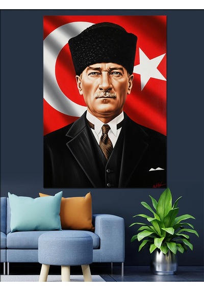 Ahşap Tablo Bayrak Önünde Atatürk Portresi