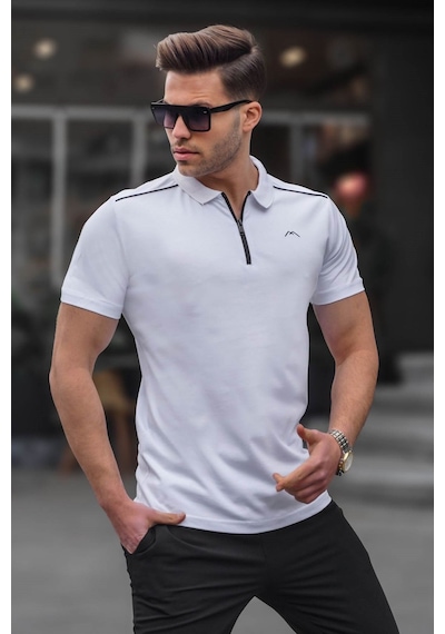Madmext Erkek Beyaz Basic Fermuarlı Polo Tişört 6076 Beyaz
