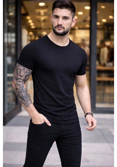 Freedom Storee Erkek Body Tişört Bisiklet Yaka Slim Fit Likralı T-shirt - Siyah Çok Renkli