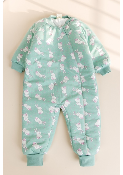 Babymod Tavşan Desenli 2,5 Tog Elyaf Dolgulu Premium Kalite 100% Pamuk Penye Astarlı Çocuk Uyku Tulumu Yeşil
