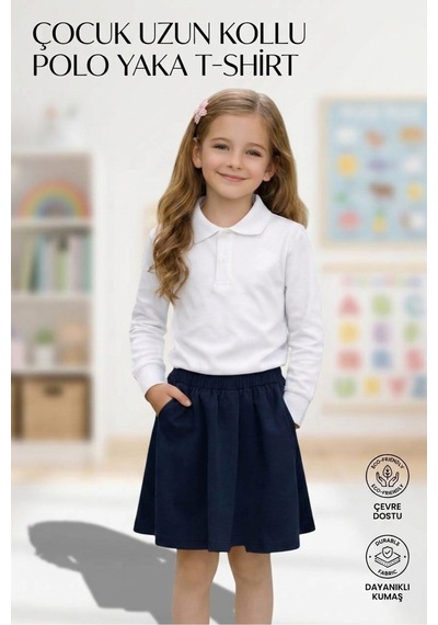 Erdem Kıds Unisex Kız Erkek Çocuk Polo Yaka Pamuklu Uzun Kol Beyaz F2:f100günlük Basic Okul Tişört Beyaz Beyaz