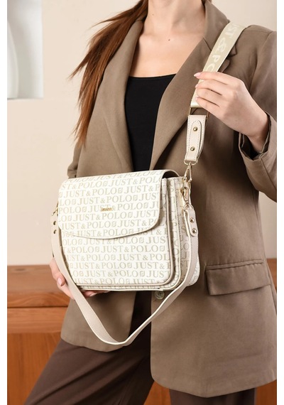 Just Polo Kadın Orijinal Just Polo Baskılı Büyük Boy Şık El Ve Omuz Çantası Shoulder Bag Ebat: 29 X 25 Cm Krem