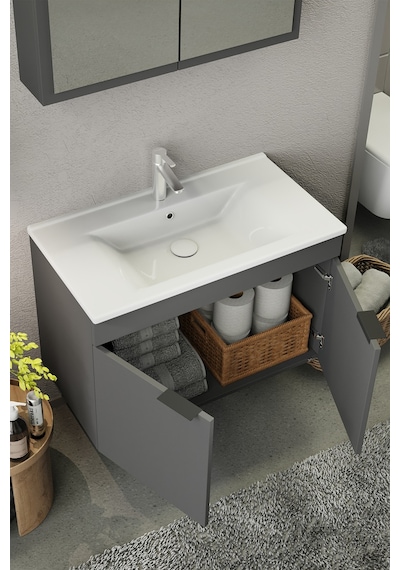 Biani Fix Loft 85 Cm Banyo Dolabı,Seramik Lavabolu, Aynalı,Lavabo Dahil,Mdf,Mat Gri Biani Fix Loft 85 Cm Banyo Dolabı,Seramik Lavabolu, Aynalı,Lavabo Dahil,Mdf,Mat Gri