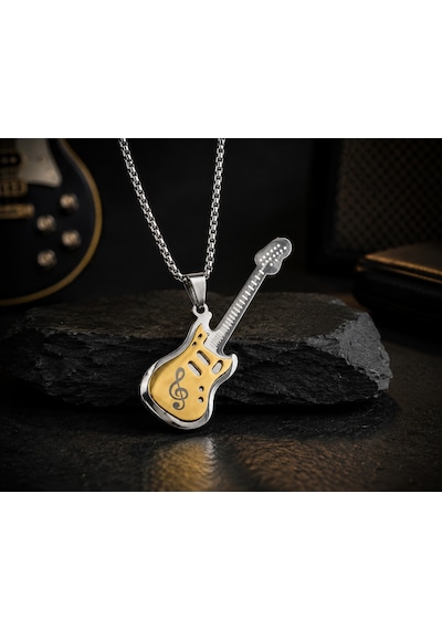 Paslanmaz Çelik Gitar Kolye Gold Gümüş Renk Sol Anahtarı Tasarım Gitar Kolye Altın - Gümüş