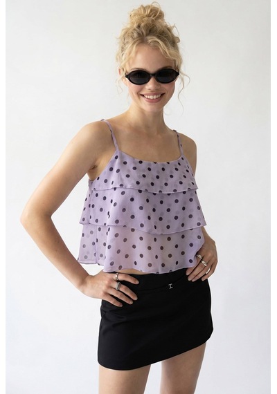 Mixray 4943 Kadın Puantiyeli Şifon Fırfırlı Askılı Crop Bluz Lila