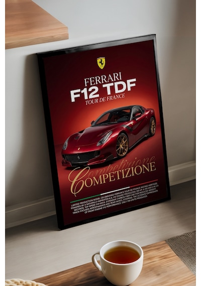 Ferrari F12 Tdf Siyah Ahşap Çerçeveli Poster, Dekoratif Araba Duvar Tablosu