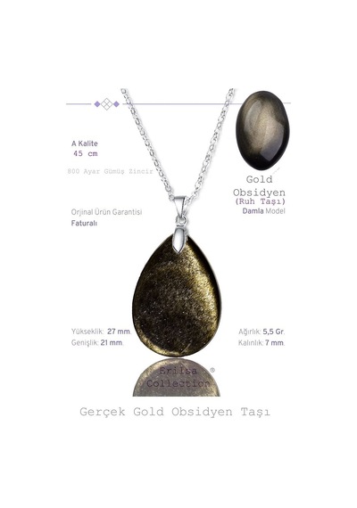 Erilsa Sertifikalı Damla Model Gold Obsidyen Taşı Kolye Gümüş Aparatlı Çok Renkli