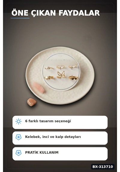 Pirinç 6'li Kelebek Detayli Yuzuk Seti 7-8 Numara Rengi Bijuteri Bx-313710 Çok Renkli