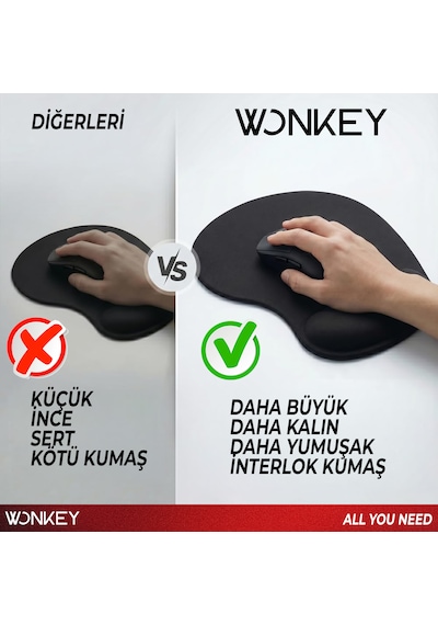 Wonkey - Bilek Destekli Mouse Pad, Memory Foam Hafızalı Süngerli Ergonomik Fare Altlığı, Kaymaz Tabanlı Mousepad, Ofis, Bilgisayar Ve Laptop Kullanımına Uygun Masa Pedi Siyah