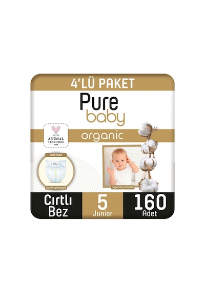 Pure Baby Organik Pamuklu Cırtlı Bez 4'lü Paket 5 Numara Junior 160 Adet 4'lü
