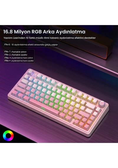 Aula F75 Mekanik Rgb Tkl Sessiz Cotton Candy Switch Kablosuz Makrolu Hot Swap Klavye Pembe