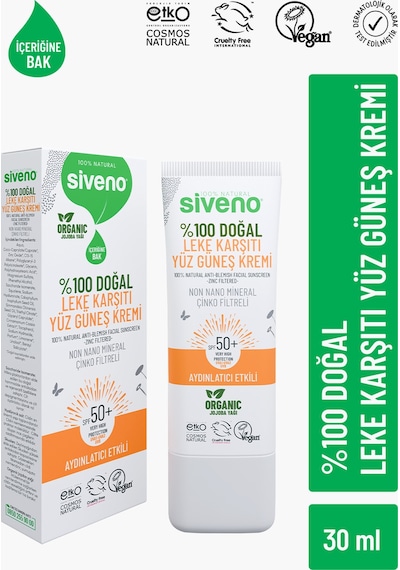 Siveno %100 Doğal Yüz Güneş Kremi Leke Karşıtı Aydınlatıcı Çinko Mineral Filtre UVA UVB SPF 50+ 30 ML
