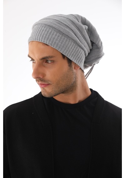 Ritagarcia Unisex Arkası İpli Büzgülü Triko Bere Kışlık Dökümlü Slouchy Beanie Bere Gri