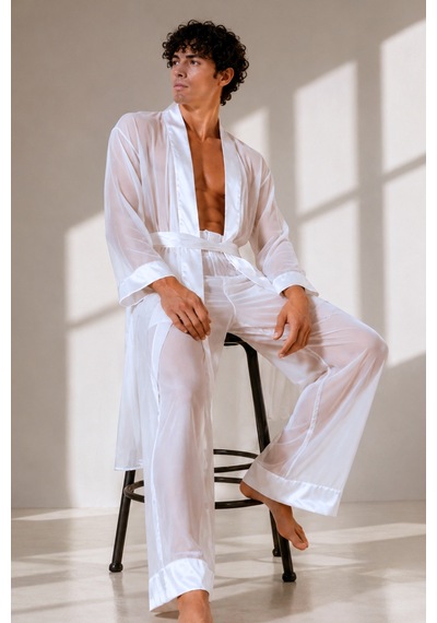 Qmen Style Erkek Şifon Kimono- Pijama - Şort Seti Beyaz