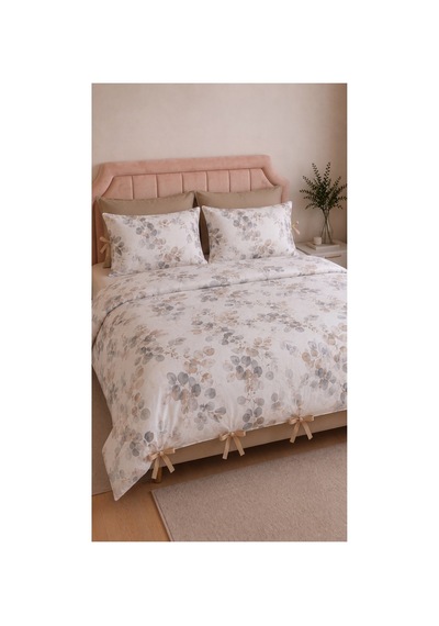%100 Pamuk Çift Kişilik Okaliptüs Desenli Nevresim Seti 220x200 Cm Bağcıklı 2 Desenli + 2 Düz Beyaz Yastık Kılıfı Bej - 909842495 Bej