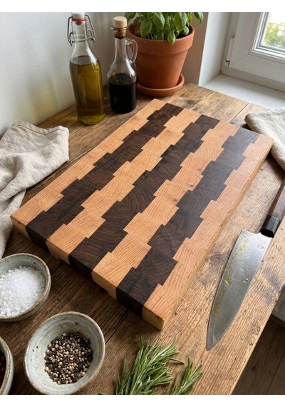 Nfzz Ceviz Ladin End Grain Kesme Tahtası 41x26x4 Cm Masif Ahşap Kasap Bloku Kahverengi - Krem