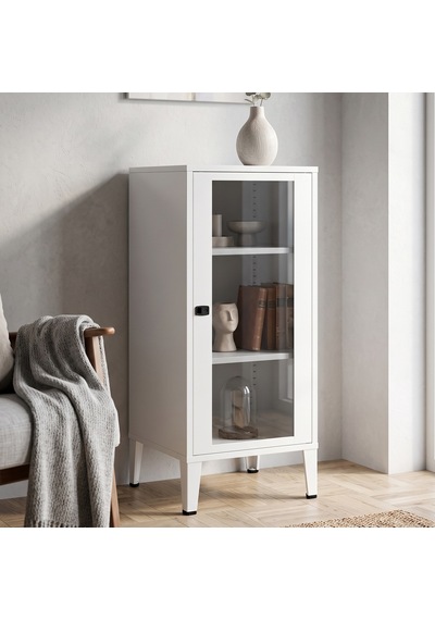 Alfahome Ziglat Serisi Cam Kapaklı Kilitli Metal Home Office Dolabı Beyaz Ral 9003 450x940x450 Mm Gri-beyaz
