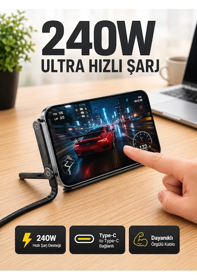 Bay 240w Type-c Telefon Standlı Örgülü Şarj Ve Data Kablosu Najmaddin 25367645