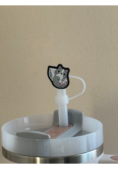 Sevimli Kedi Model Silikon Toz Geçirmez Sızdırmaz Pipet Kapağı 1 Adet Stanley Termos Ile Uyumlu Beyaz