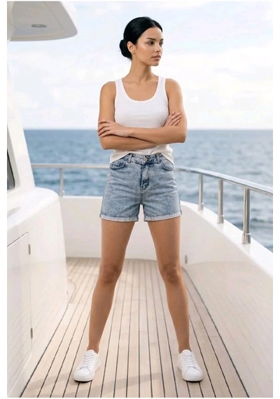 Layal My Beauty Kadın Jeans Kot Şort Ters Paça Detaylı Yüksek Bel Esnek Günlük Denim Kot Şort Yeni Sezon New1 Buz Mavi