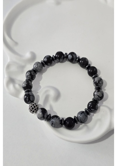 8 Mm Zirkon Taşı, Hematit, Karlı Obsidyen Doğaltaş Bileklik Siyah - Beyaz