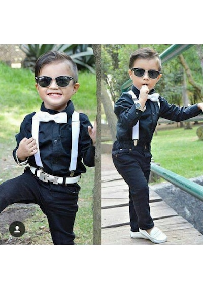 Erkek Çocuk Tarz Askılı Keten Takım Siyah