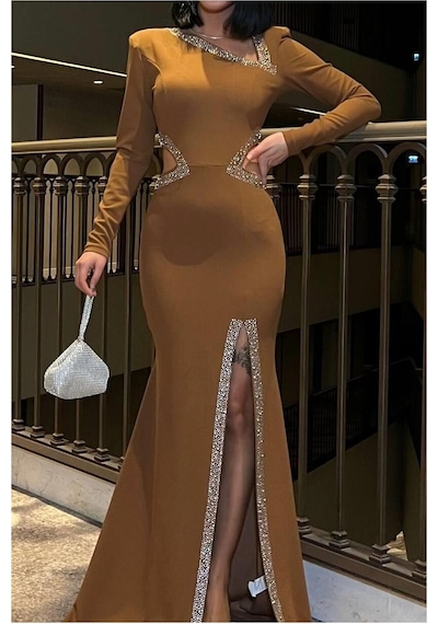 DefyModa Kadın Bisiklet Yaka Taş Detaylı Uzun Kollu Abiye Elbise Vizon