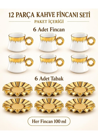 6 Kişilik 12 Parça Türk Kahvesi Fincan Seti 100 Ml Beyaz Gold Detaylı Porselen Çok Renkli