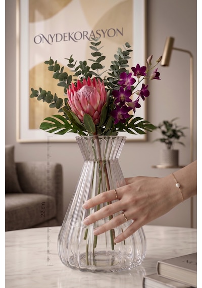 Modern Çizgili Cam Vazo 22 Cm Şeffaf Dekoratif Çiçeklik, Minimal Tasarım Masa & Salon Vazosu