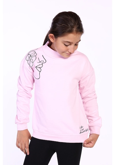 Toontoy Kız Çocuk Nakışlı Taş İşlemeli Balıkçı Yaka Sweatshirt Açık Pembe