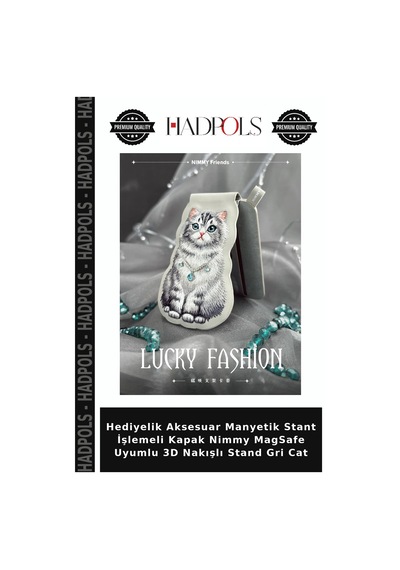 Hediyelik Aksesuar Manyetik Stant İşlemeli Kapak Nimmy Magsafe Uyumlu 3d Nakışlı Stand Gri Cat