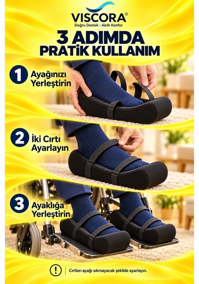 Tekerlekli Sandalye İçin Visco Ayak Taban Destek Pedi 2 Li Ayağa Takılan, Ayarlanabilir Cırtlı Siyah
