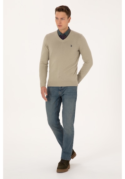 U.S. Polo Assn. Erkek Slim Fit V Yaka Haki Melanj Basic Triko Kazak 50313662-VR193