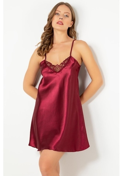 D' Kit Boutique Ince Askılı Güpürlü Mini Saten Gecelik