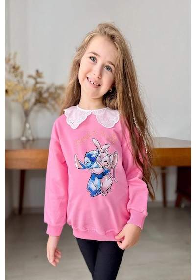 Koçak Kids Yaka Detaylı Stitch Desenli Pembe Renk Kız Çocuk Takım Pembe