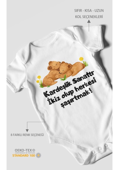 Morivokids Kardeşlik Sanattır, İkiz Yazılı Kısa Kollu Bebek Body %100 Pamuk Beyaz