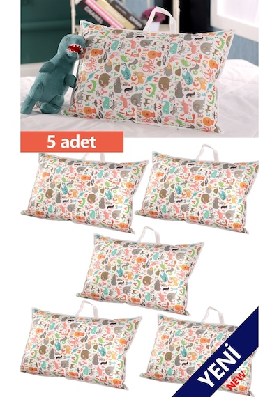 5'li Set 50x70 Cm Yastık & Kıyafet Organizer Çocuk Hurç Sevimli Hayvan Desenli Çok Renkli