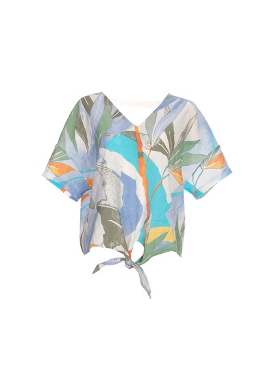 Ysatis Minimalist Desenli V Yaka Kısa Kol Crop Bluz - Yazlık Günlük Mavi