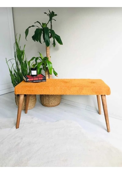 Ahşap Ayaklı Handmade Geniş Oturum Alanlı Welsoft Kumaş Pofidik Puf Bench ,ayak Ucu Uzatmalık Turuncu