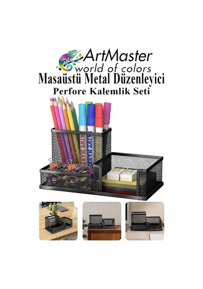 Siyah Masaüstü Metal Kalemlik Seti 3 Lü Kombo 1 Paket Fileli Perfore Renkli Kalemlik Kağıtlık Küpnotluk Düzenleyici Siyah