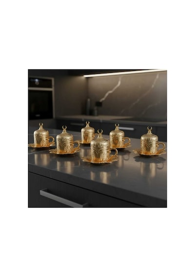 Türk Kahvesi Fincan Takımı Lale Desenli 6 Parça Metal Gold Lalezar Model Altın