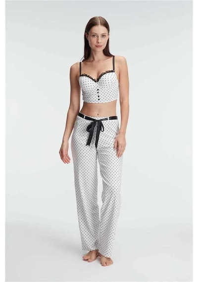 Linabloom Kadın Bralet Sütyen Pamuklu Puantiye Desenli Desteksiz Dantel Detaylı Pijama Takımı Beyaz
