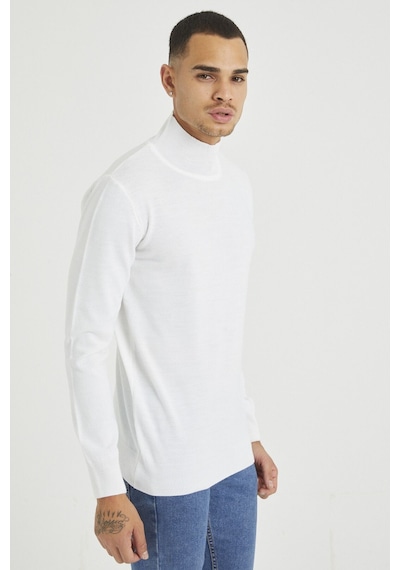 Beyaz Erkek Slim Fit Yarım Balıkçı Yaka Akrilik-pamuk Karışımlı Basic Triko Kazak Beyaz
